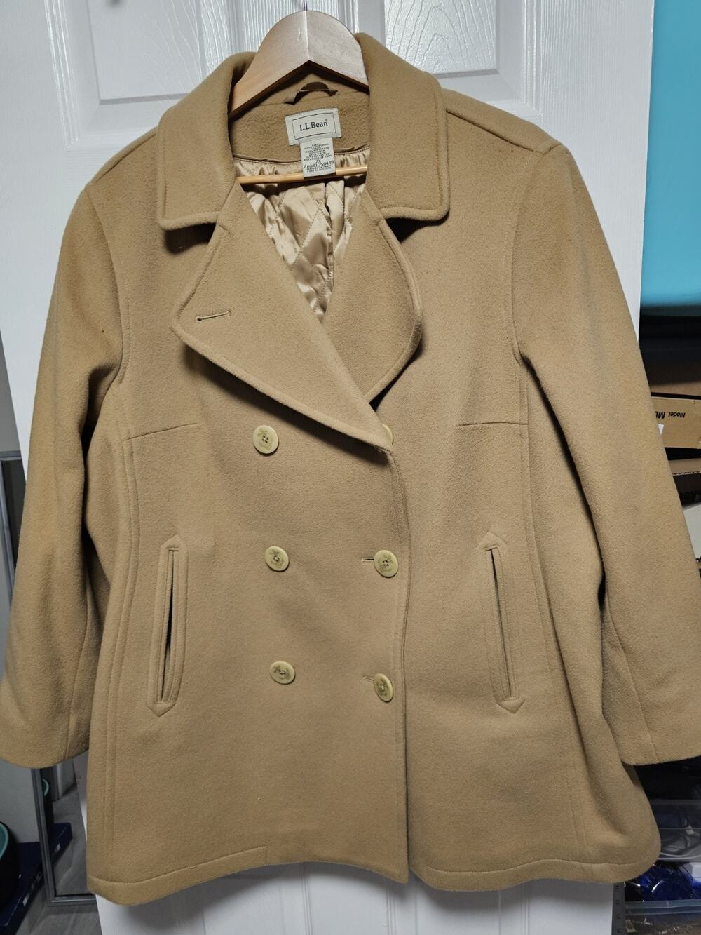 LL Bean Peacoat Over Coat Double Breasted Button Camel Tan Thinsulate Womens 2X